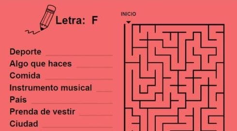 Ejemplo de ejercicios: escribir un deporte, una comida, un país y otras palabras que empiecen por la letra F, junto a un laberinto
