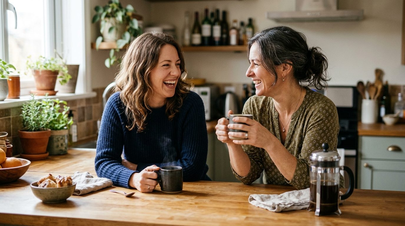 Two women in their 30s and 40s share a genuine laugh together over coffee in a bright kitchen.