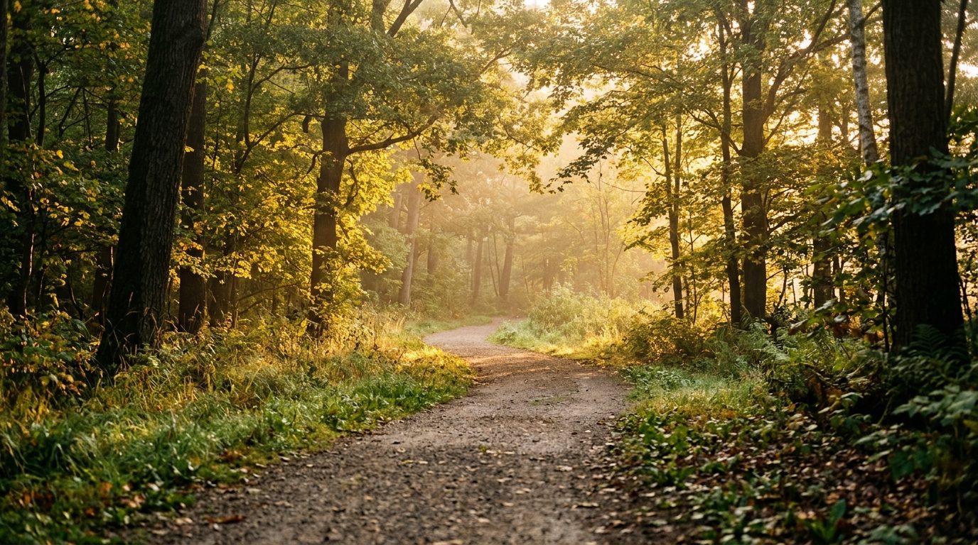 A quiet dirt path winding through a sunlit forest at sunrise.