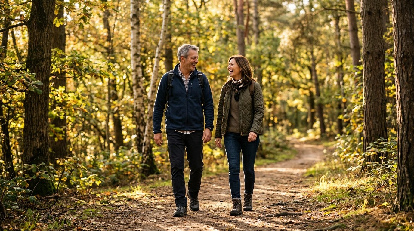 A man and woman in their late 40s and early 50s walk along a sunny forest trail while laughing together.